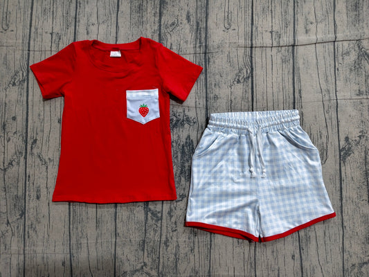 Preorder Baby Boys Short Sleeves Strawberry Red Shirt Plaid Pockets Shorts Clothes Set