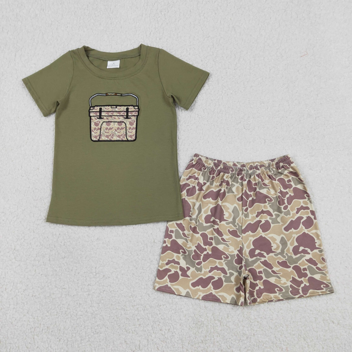 RTS Sibling Baby Boys Green Short Sleeves Embroidery Box Camo Hunting Clothes Romper Set