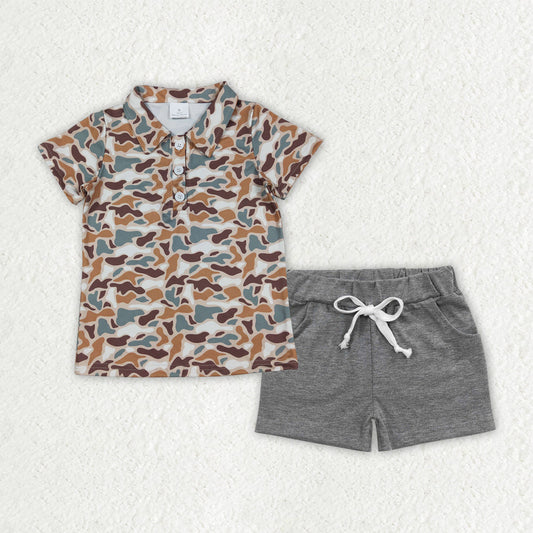 Baby Boys Short Sleeves Camo Buttons  Shirt Grey Pockets Shorts Hunting Clothes Set