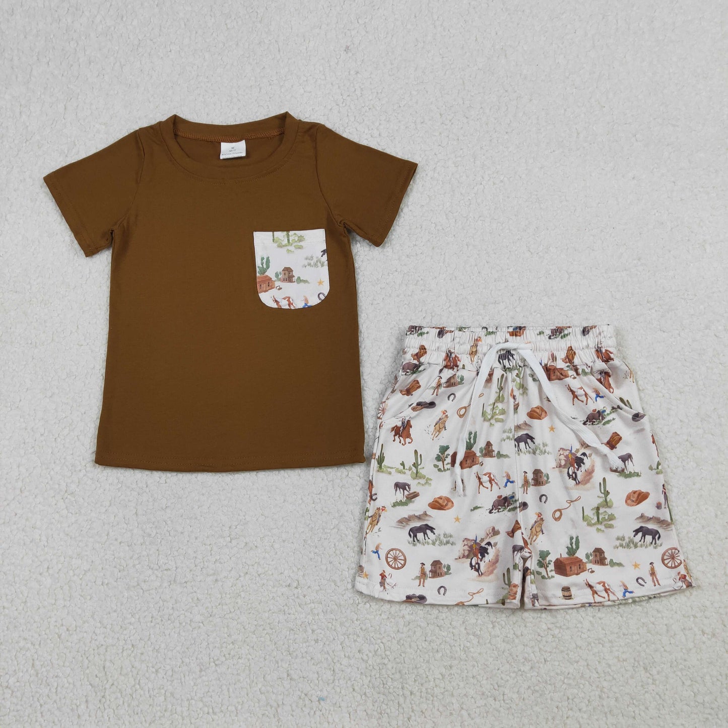 RTS Sibling Baby Boys Kids Short Sleeves Shirt Western Rodeo Cactus Pockets Shorts Set Romper
