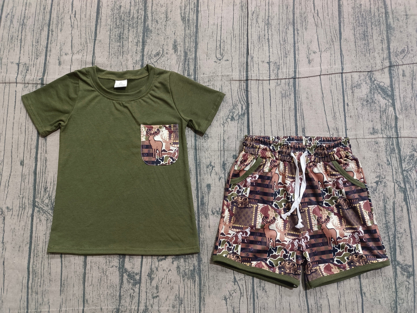 RTS Baby Boys Kids Short Sleeves Shirt Hunting Deer Hats Camo Pockets Shorts Clothes Set