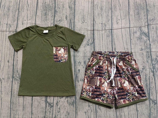 RTS Baby Boys Kids Short Sleeves Shirt Hunting Deer Hats Camo Pockets Shorts Clothes Set