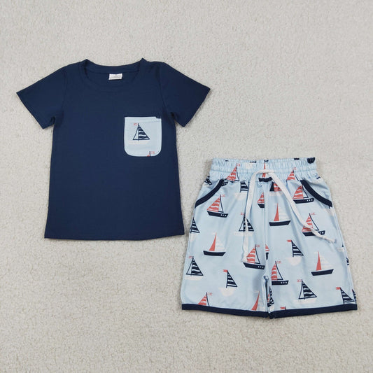 RTS Baby Boys Kids Navy Shorts Sleeves Shirt Boats Pockets Shorts Clothes Set