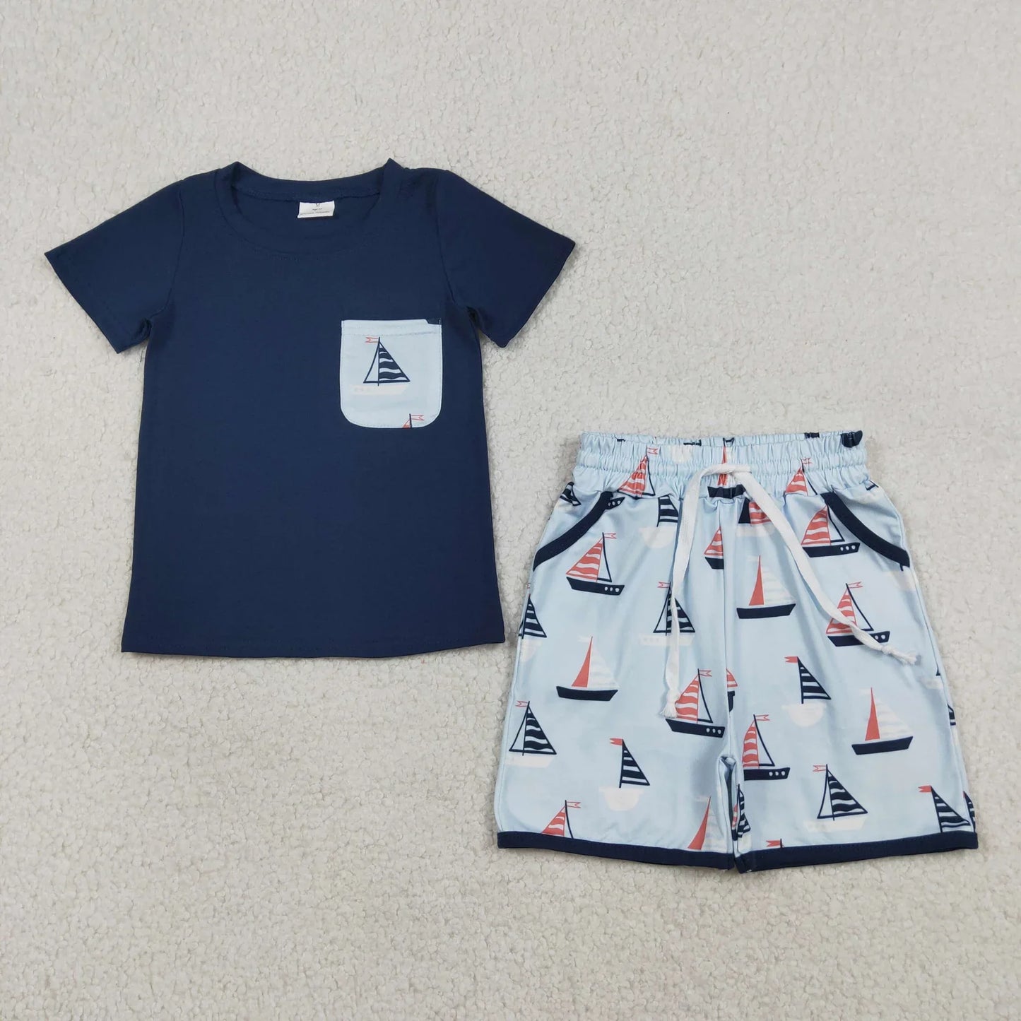 RTS Sibling Baby Boys Kids Navy Shorts Sleeves Shirt Boats Pockets Shorts Romper Set
