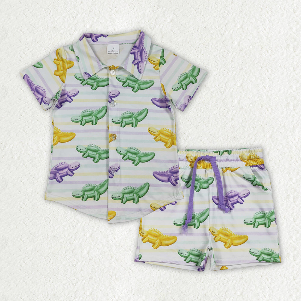 RTS Baby Boys Short Sleeves Crocodiles Buttons Shirt Pockets Stripes Shorts Mardi Gras Clothes Set