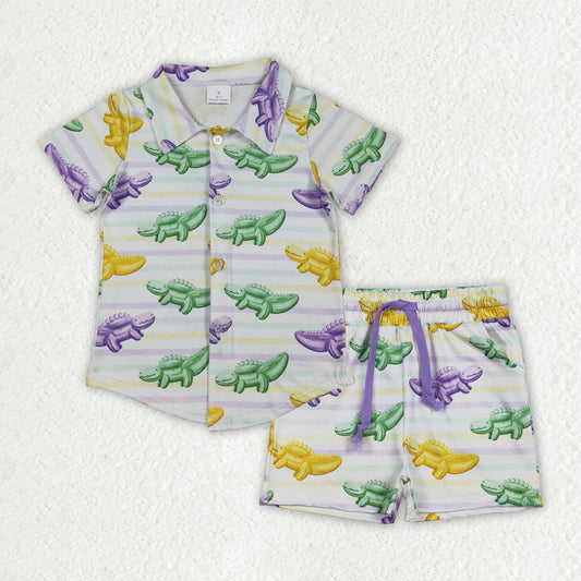 RTS Baby Boys Short Sleeves Crocodiles Buttons Shirt Pockets Stripes Shorts Mardi Gras Clothes Set