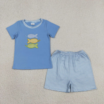 Sibling Baby Boys Girls Embroidery Fish Stripes Rompers Sets Summer Clothes