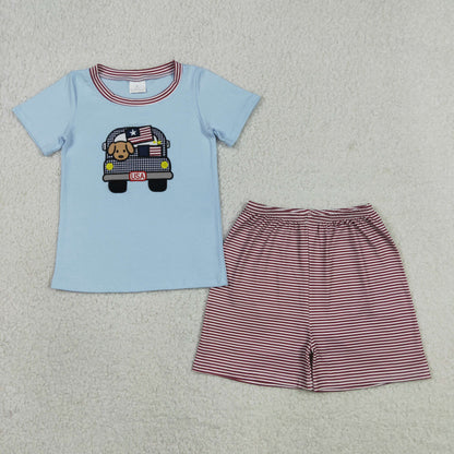 Sibling Baby Boys Girls Embroidery Flags Bows Dogs Shirts Stripes Shorts Set 4th of July Clothes