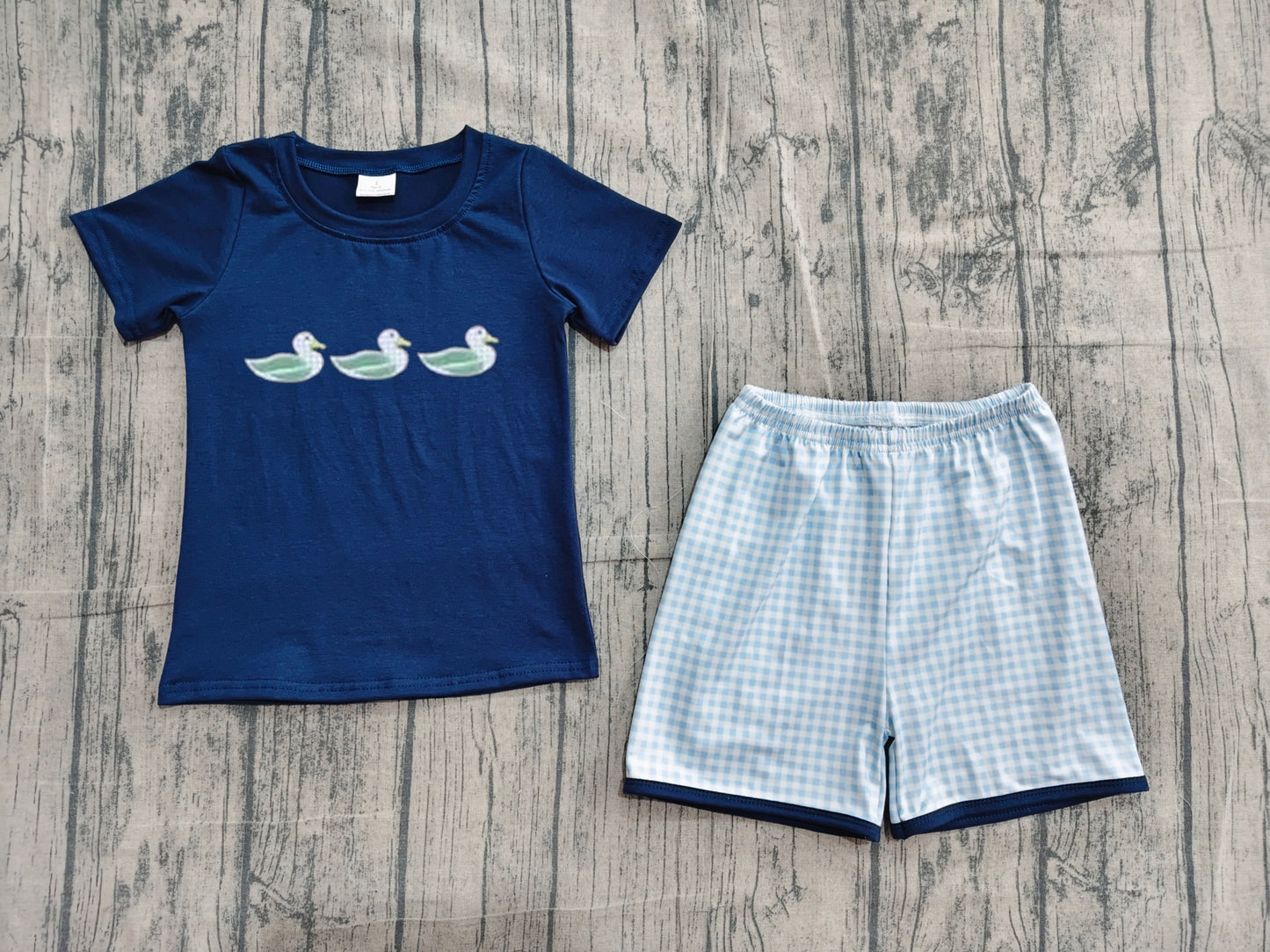 Preorder Baby Boys Kids Short Sleeves Embroidery Ducks Shirt Blue Plaid Shorts Summer Set