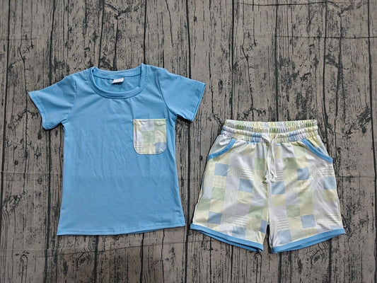 Preorder Baby Boys Kids Short Sleeves Blue Shirt Plaid Pockets Shorts Set Clothes