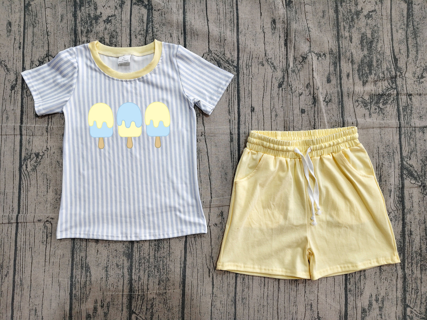 Preorder Baby Boys Short Sleeves Embroidery Popsicle Stripes Shirt Yellow Pockets Shorts Set Clothes