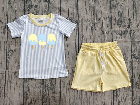 Preorder Baby Boys Short Sleeves Embroidery Popsicle Stripes Shirt Yellow Pockets Shorts Set Clothes