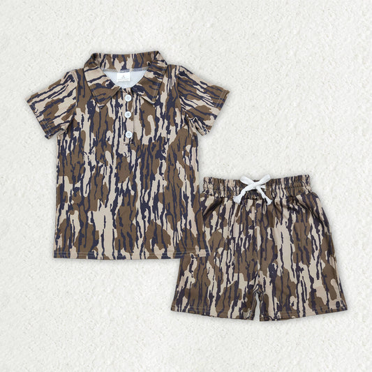 RTS Baby Boys Kids Short Sleeves Olive Camo Buttons Shirt Pockets Shorts Summer Set