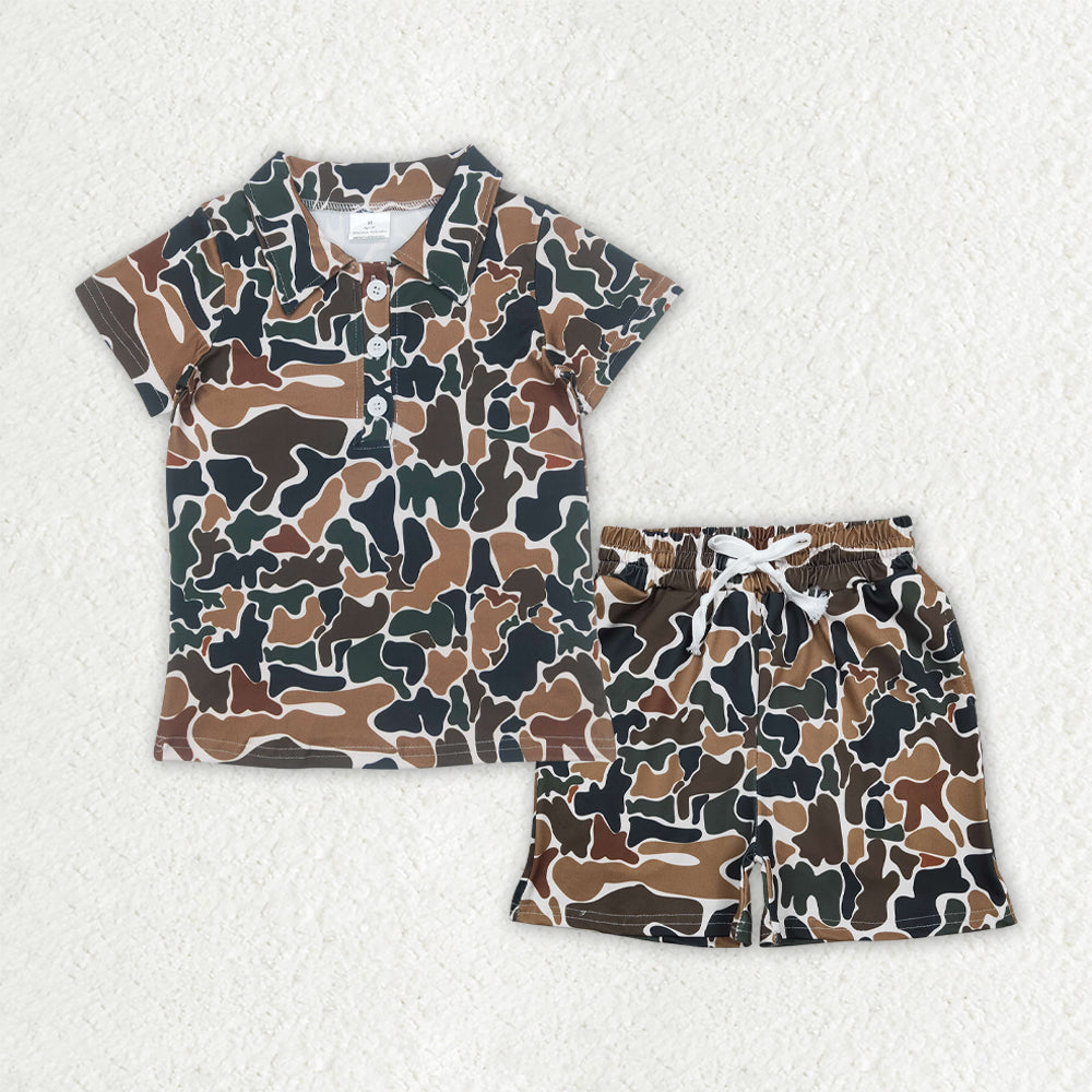 RTS Baby Boys Kids Short Sleeves Brown Green Camo Buttons Shirt Pockets Shorts Summer Set