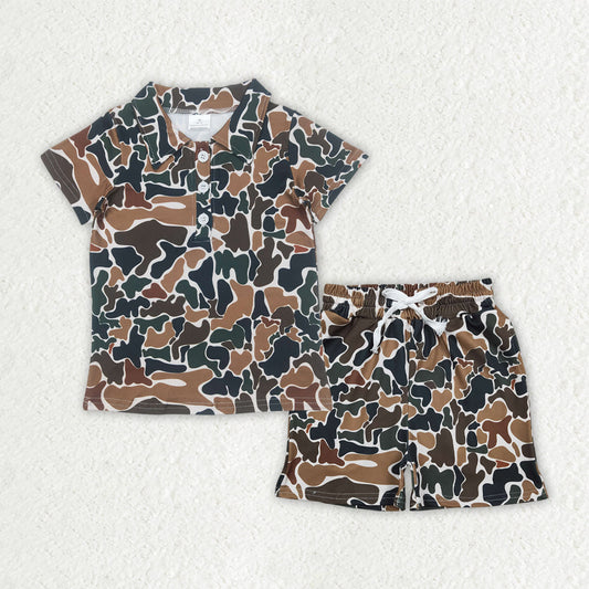 RTS Baby Boys Kids Short Sleeves Brown Green Camo Buttons Shirt Pockets Shorts Summer Set