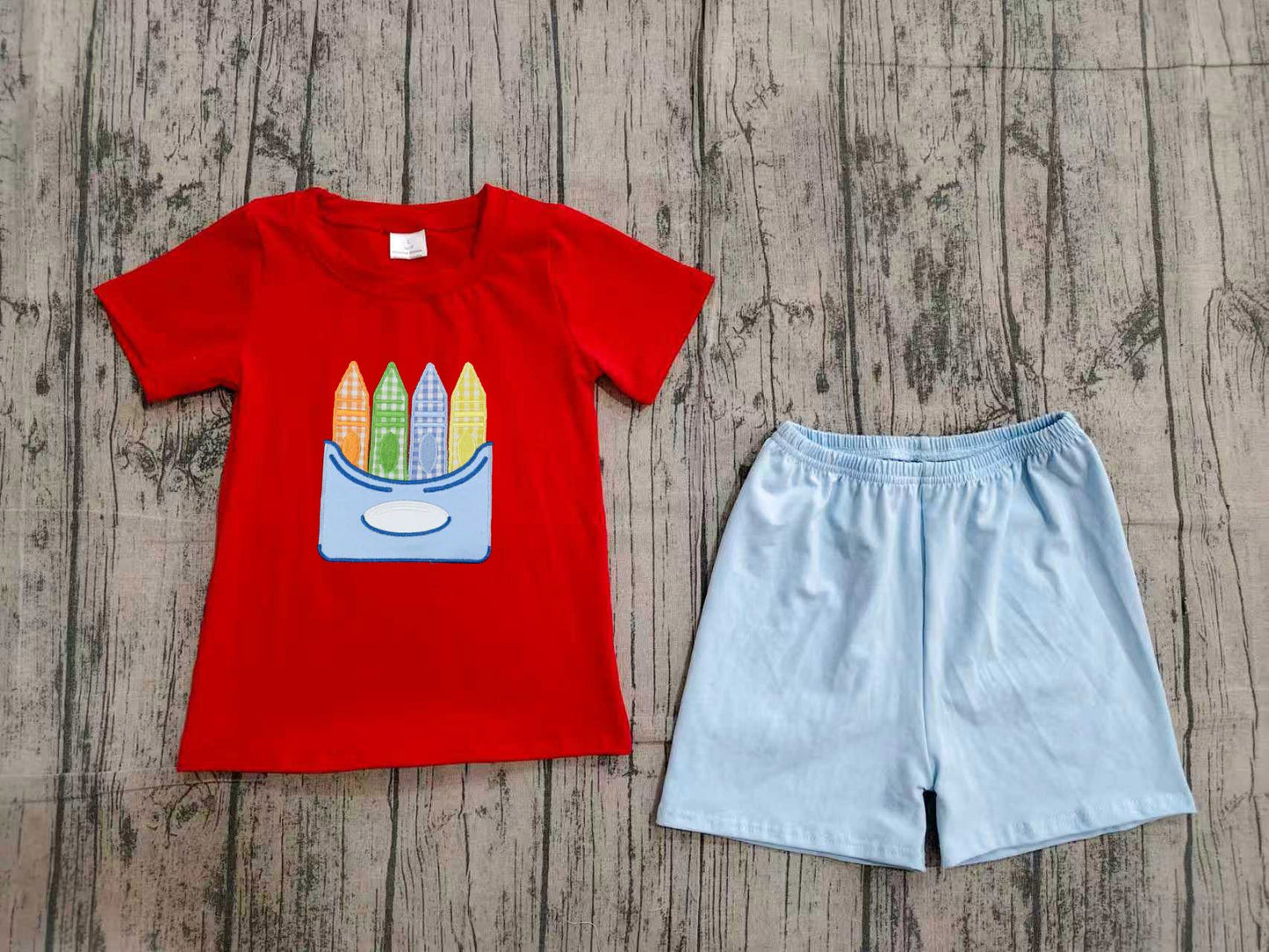 Preorder Baby Boys Kids Embroidery Pencil Red Shirt Shorts Back to School Set