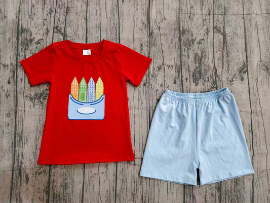 Preorder Baby Boys Kids Embroidery Pencil Red Shirt Shorts Back to School Set