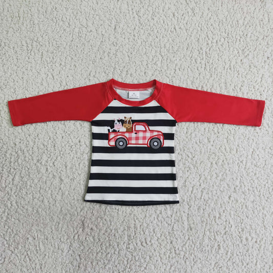 Promotion Baby Boys Kids Embroidery Farm Animals Truck Stripes Shirt Tops