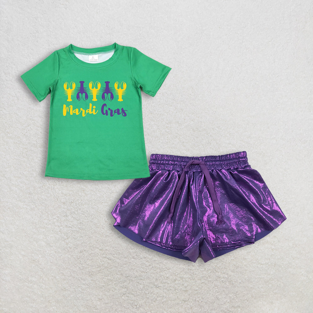 Baby Girls Short Sleeves Crayfish Green Shirt Purple Leather Ruffle Shorts Mardi Gras Set