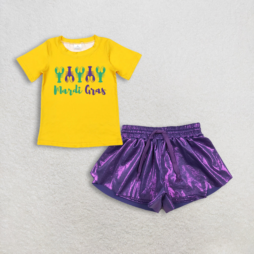 Baby Girls Short Sleeves Crayfish Yellow Shirt Purple Leather Ruffle Shorts Mardi Gras Set
