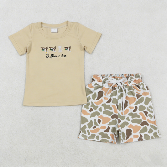 RTS Baby Boys Kids Embroidery Dogs Ducks Shirt Pockets Orange Green Camo Shorts Clothes Set