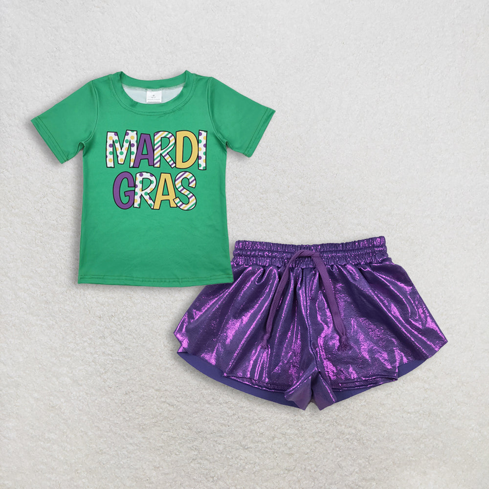 Baby Girls Short Sleeves Mardi Gras Green Shirt Purple Leather Ruffle Shorts Set