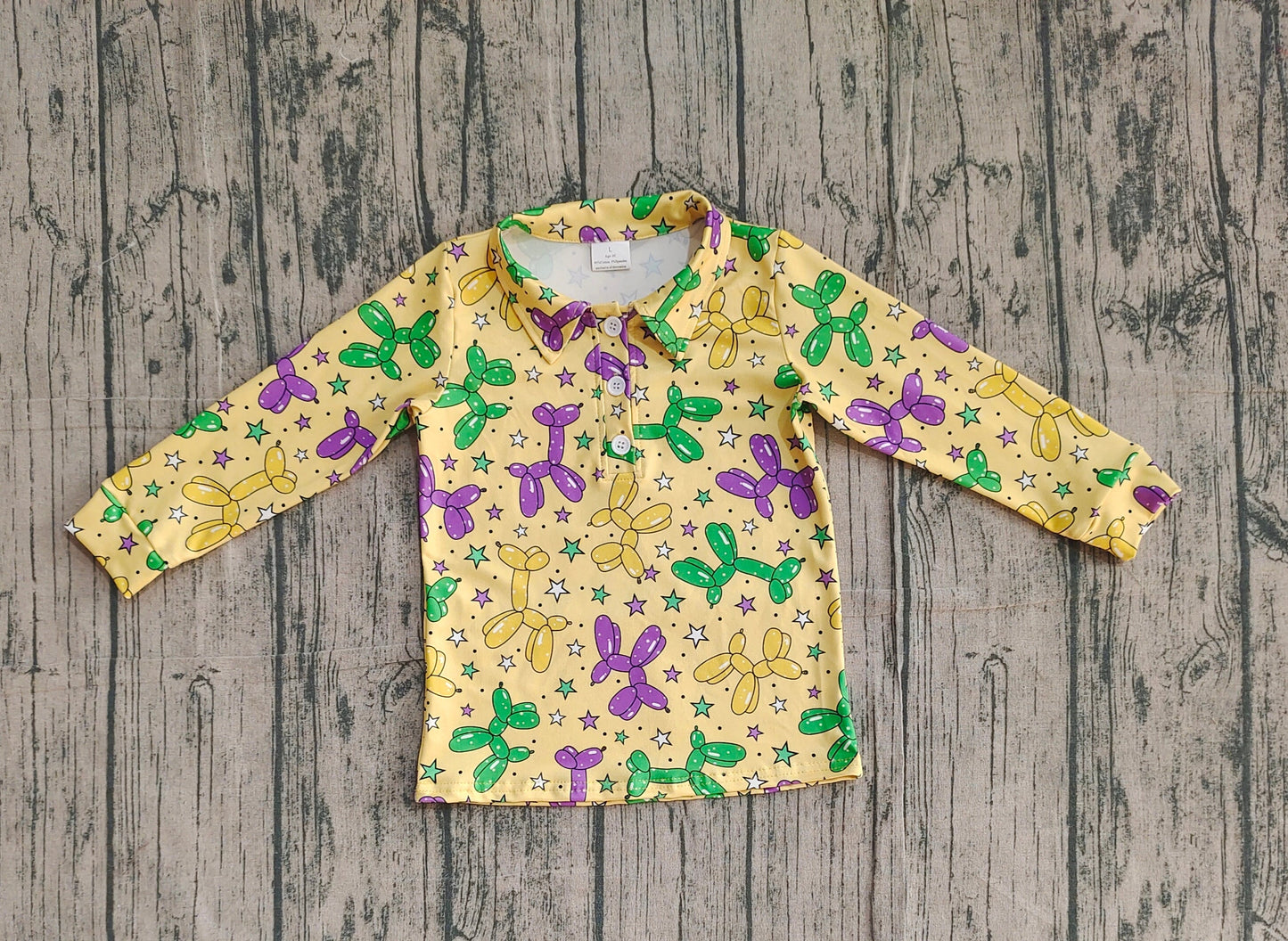 RTS Baby Boys Kids Yellow Long Sleeves Balloons Mardi Gras Buttons Shirt Tops