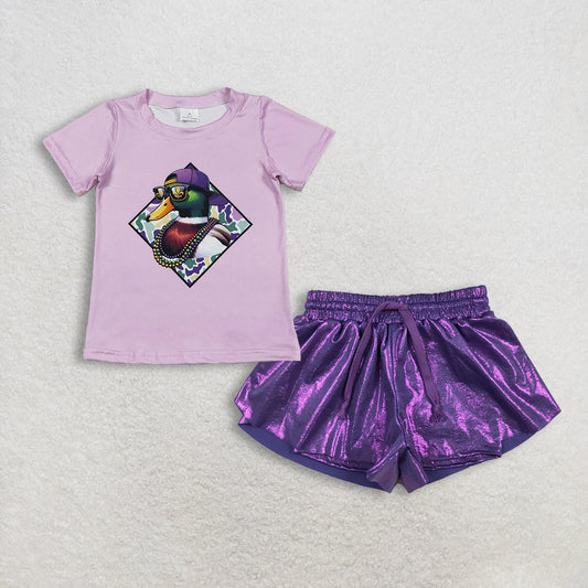 Baby Girls Short Sleeves Duck Shirt Purple Leather Ruffle Shorts Mardi Gras Set