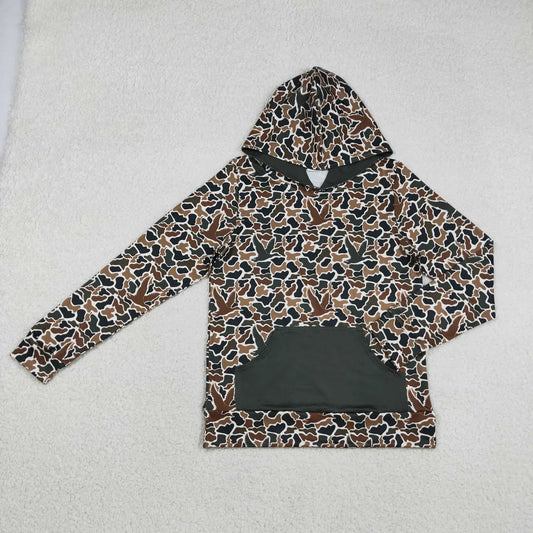 Adult Men Long Sleeves Dark Brown Camo Ducks Zipper Hunting Hoodie Pullover Tops