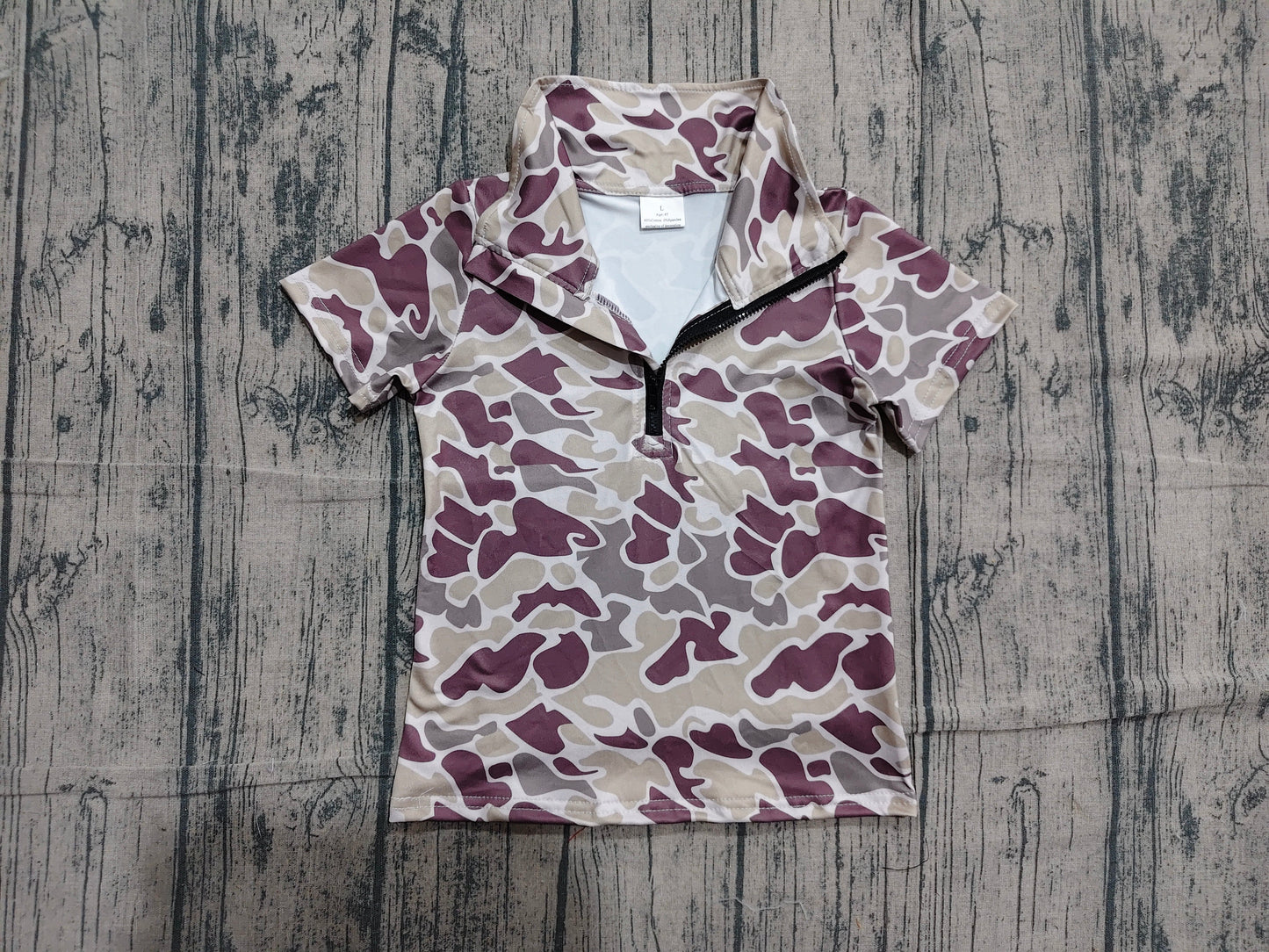 Preorder Baby Boys Kids Short Sleeves Dark Grey Camo Zipper Pullover Shirt Tops