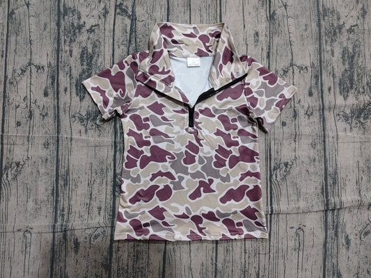 Preorder Baby Boys Kids Short Sleeves Dark Grey Camo Zipper Pullover Shirt Tops