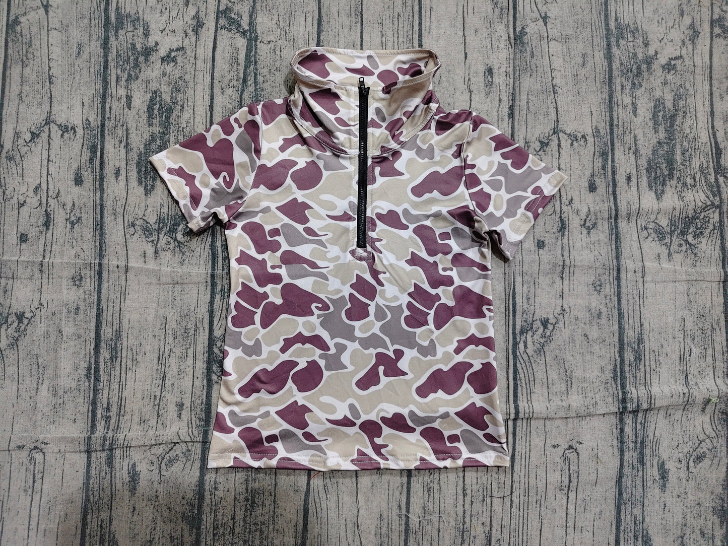 Preorder Baby Boys Kids Short Sleeves Dark Grey Camo Zipper Pullover Shirt Tops