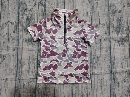 Preorder Baby Boys Kids Short Sleeves Dark Grey Camo Zipper Pullover Shirt Tops