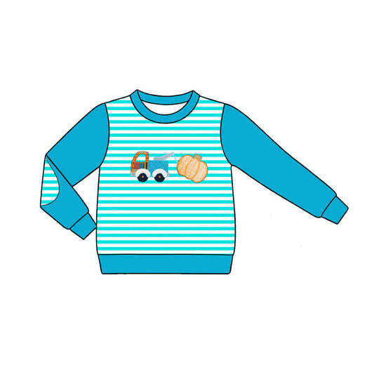 Preorder Baby Boys Kids Long Sleeves Stripes Pumpkin Truck Blue Shirt Fall Clothes ( Moq 5 )