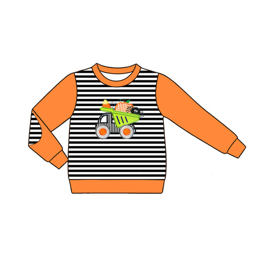 Preorder Baby Boys Kids Long Sleeve Stripes Pumpkin Candy Truck Shirt Halloween Clothes ( Moq 5 )