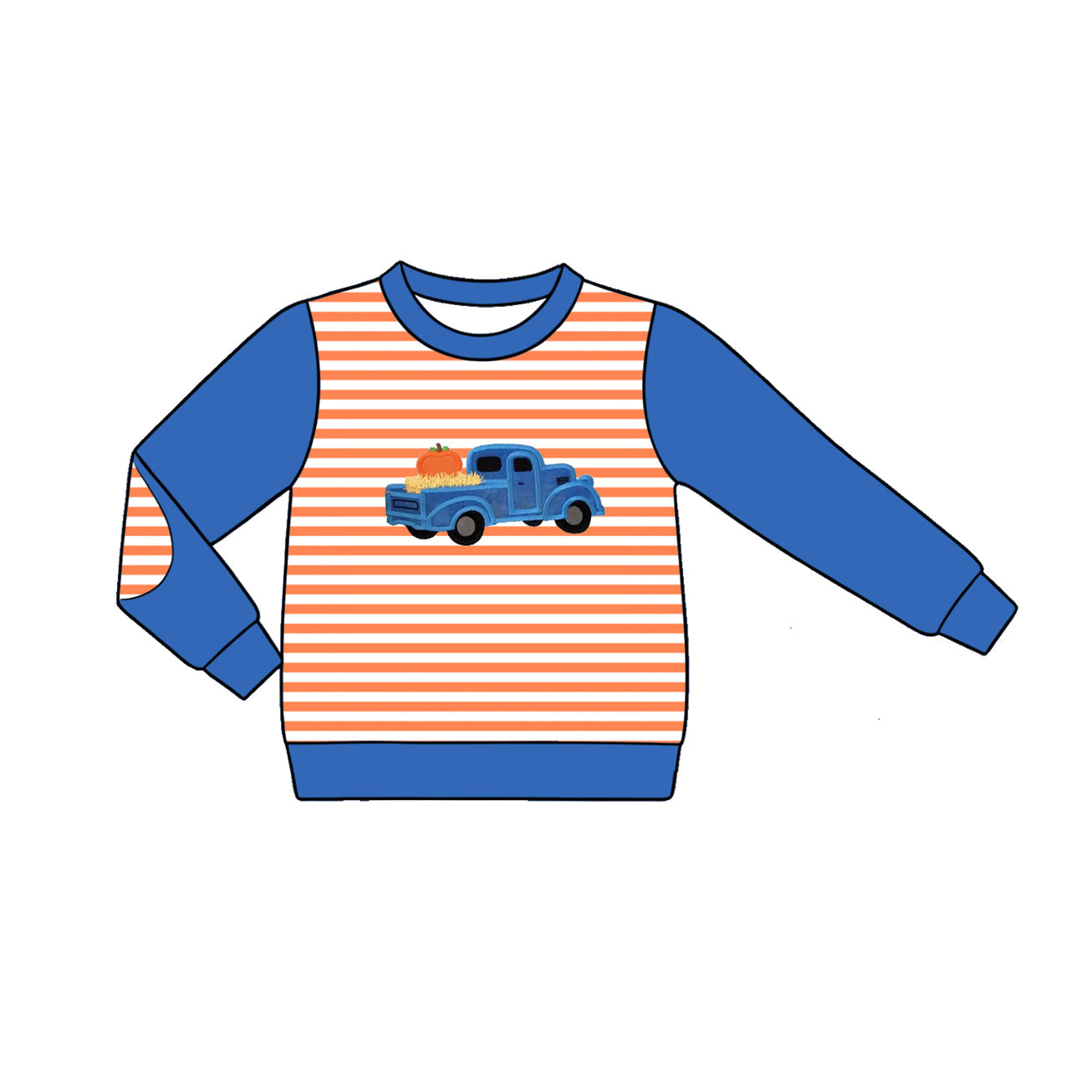 Preorder Baby Boys Kids Blue Long Sleeve Stripes Pumpkin Truck Shirt Fall Clothes ( Moq 5 )