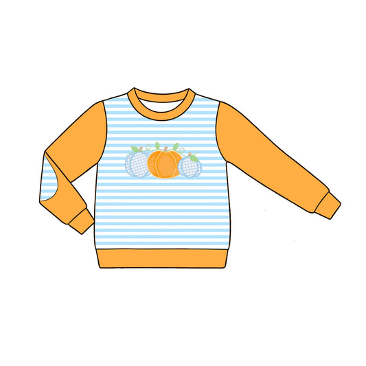 Preorder Baby Boys Kids Orange Long Sleeve Stripes Pumpkins Shirt Fall Clothes ( Moq 5 )