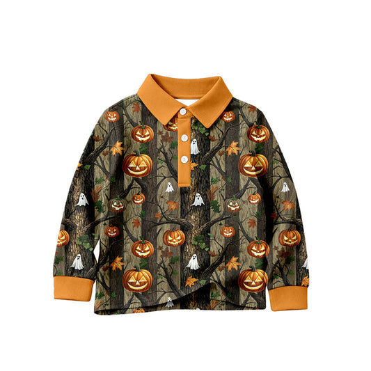 Preorder Baby Boys Kids Long Sleeves Halloween Pumpkins Buttons Shirt Tops Leaves Clothes ( Moq 5 )