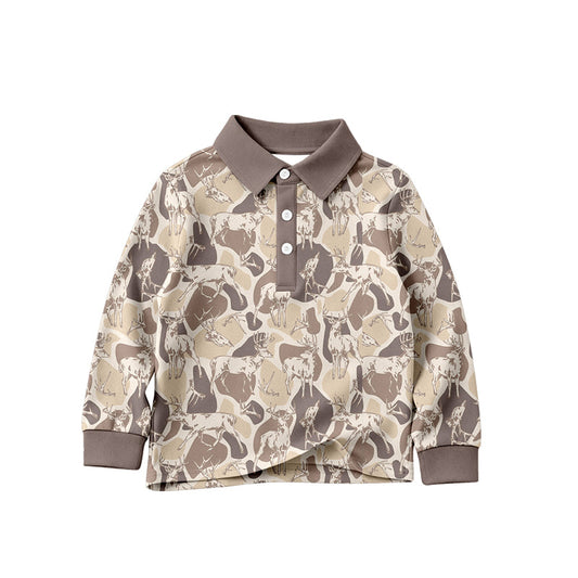 Preorder Baby Boys Kids Long Sleeves Camo Deer Buttons Shirt Tops Khaki Clothes ( Moq 5 )