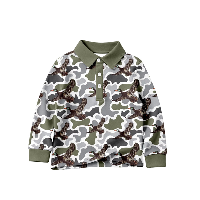 Preorder Baby Boys Kids Long Sleeves Camo Ducks Green Buttons Shirt Tops Clothes ( Moq 5 )