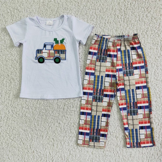 Promotion Baby Boy Pumpkin Embroidery Plaid Pants Outfit