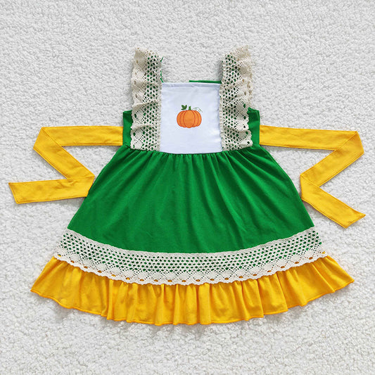 Promotion Baby Girl Pumpkin Lace Cotton Green Dress