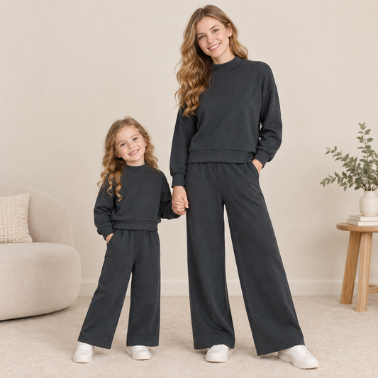 Sibling Baby Girls Adult Women Long Sleeves Black Shirts Pockets Pants Cotton Sets