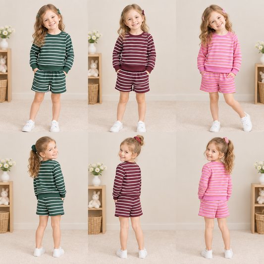 Sibling Baby Girls Kids Long Sleeves Stripes Shirts Pockets Shorts Sets Yoga Active Clothes