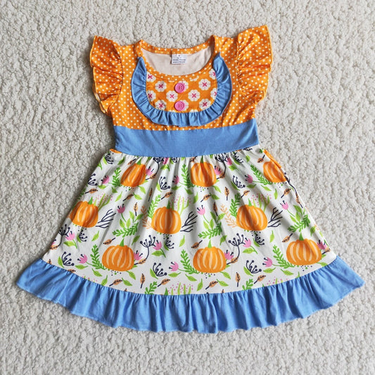 Promotion Baby Girl Short Sleeves Pumpkins Flower Blue Ruffle Dress Fall Clothes