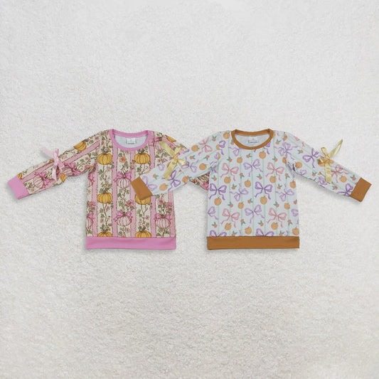 Sibling Baby Girls Kids Long Sleeves Pumpkins Bows Shirts Fall Tops Clothes