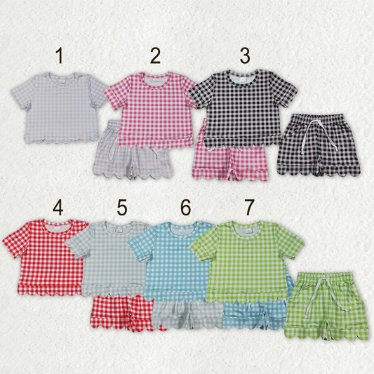 RTS Sibling Baby Girls Kids Short Sleeves Plaid Tops Scallop Shorts Sets Summer Clothes