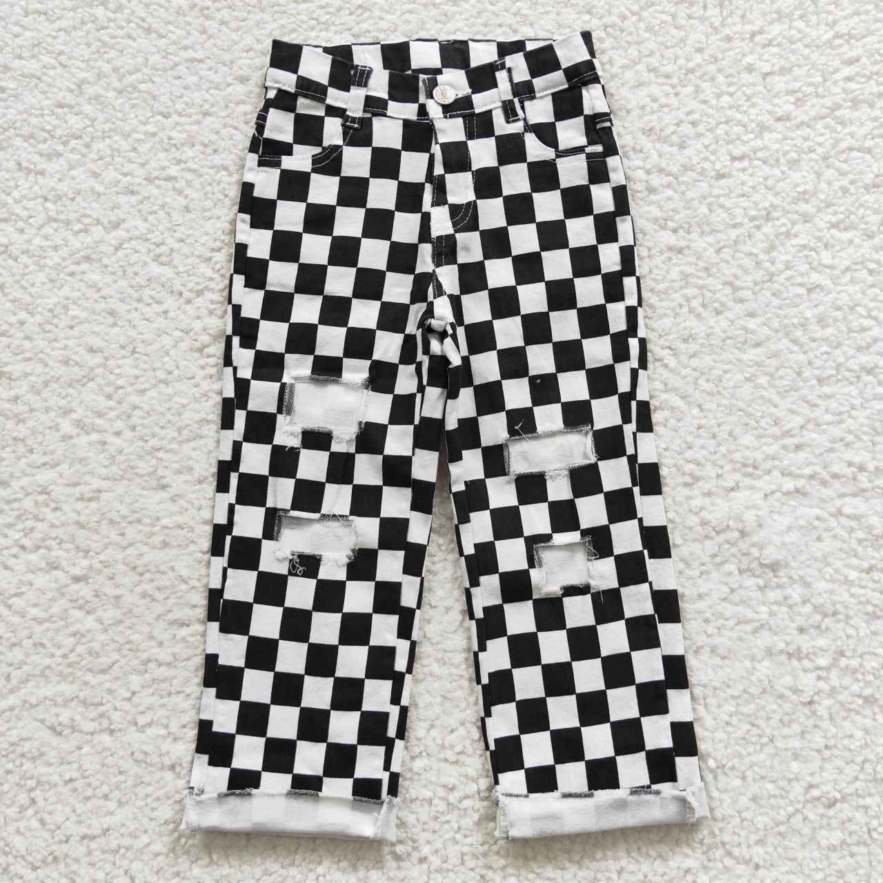 P0122 Baby Boys Kids Black Checked Denim Pants Jeans Bottoms Clothes