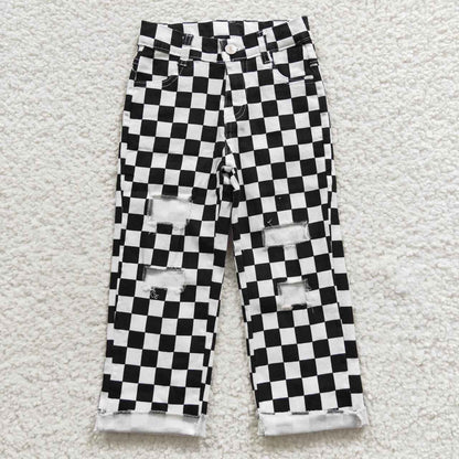 P0122 Baby Boys Kids Black Checked Denim Pants Jeans Bottoms Clothes