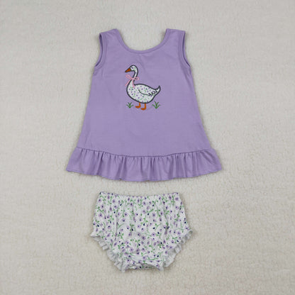 Sibling Baby Girls Toddler Sleeveless Embroidery Goose Bows Tops Bummie Shorts Sets